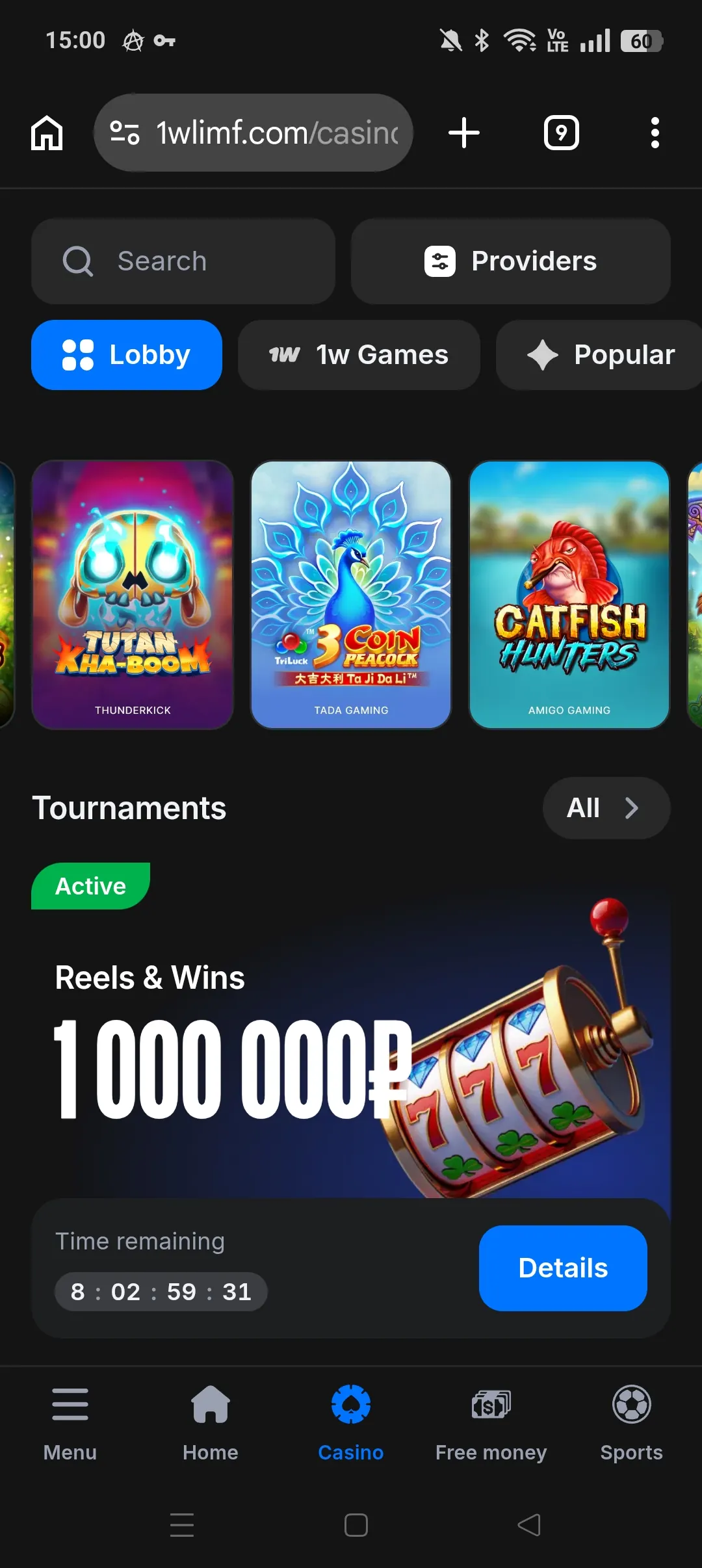 1win mobile casino lobby screen