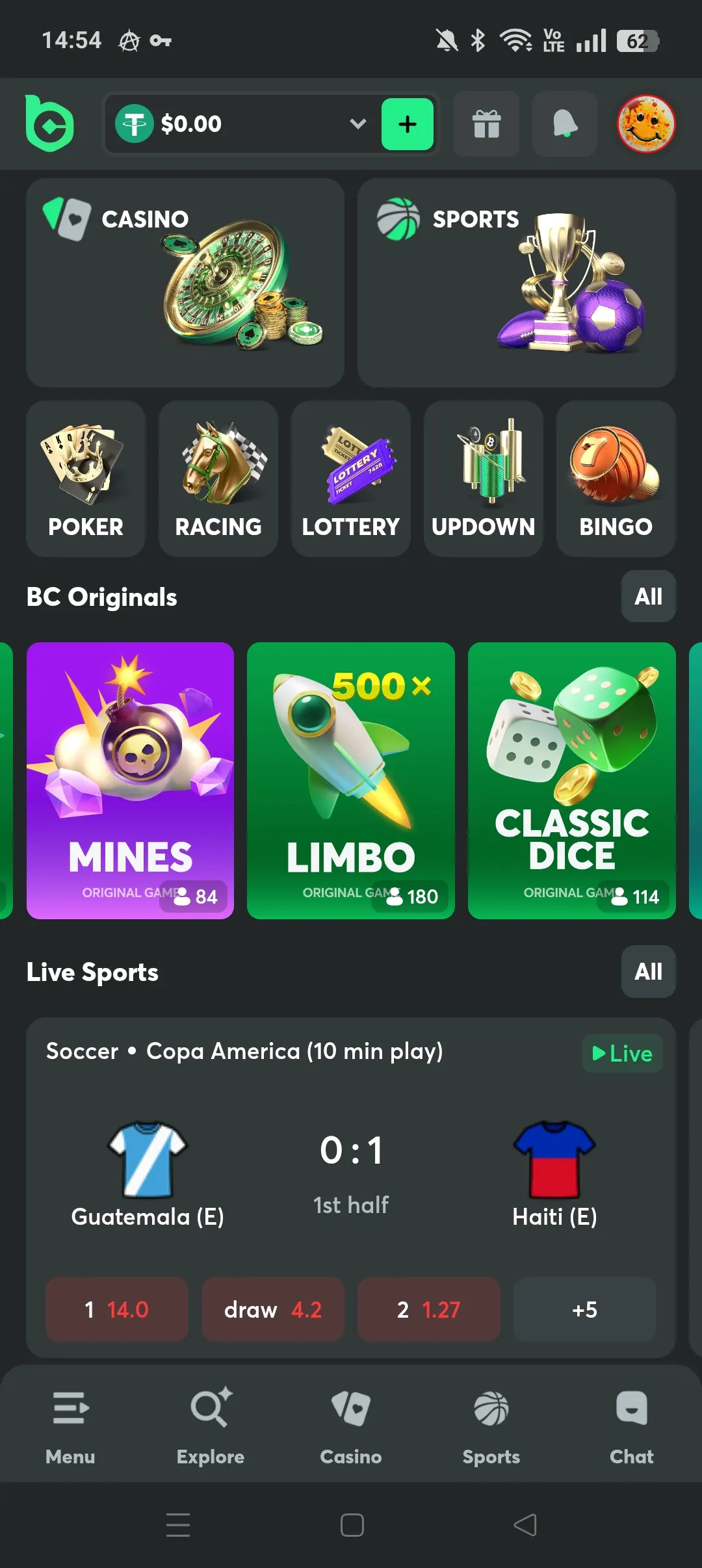 BC.Game mobile casino lobby screen