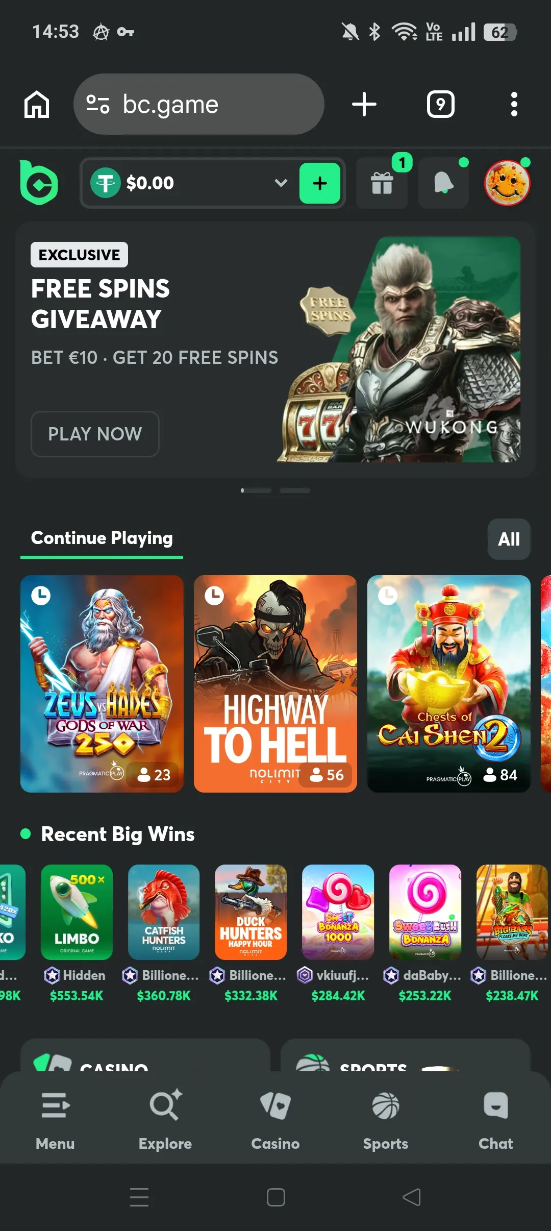 BC.Game mobile home screen