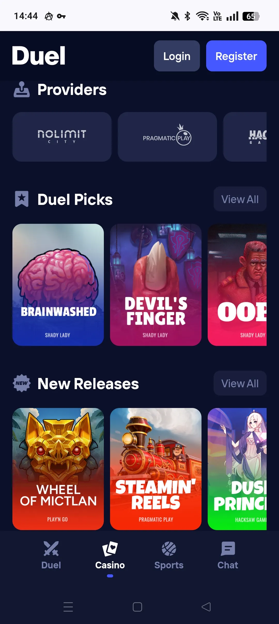 Duel mobile casino lobby screen