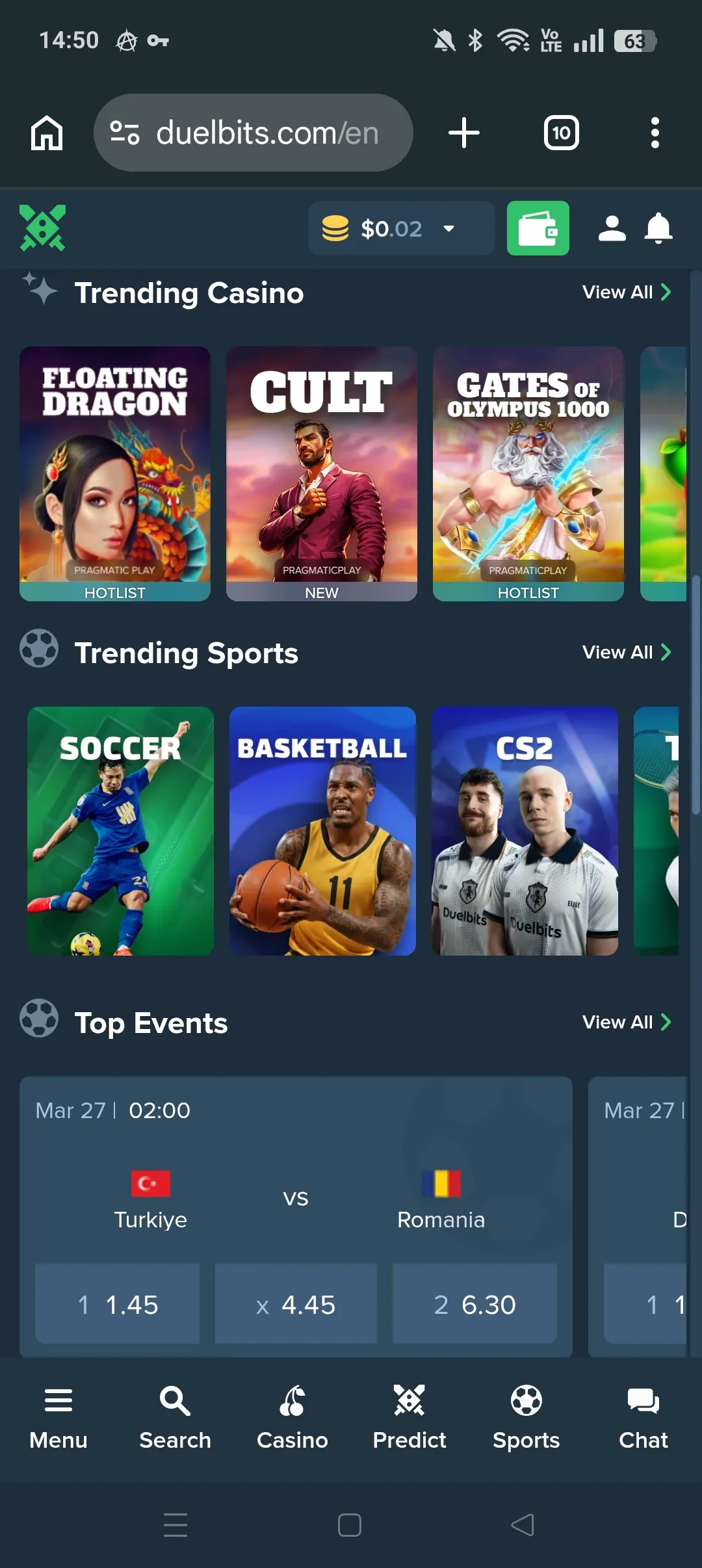 DuelBits mobile home screen