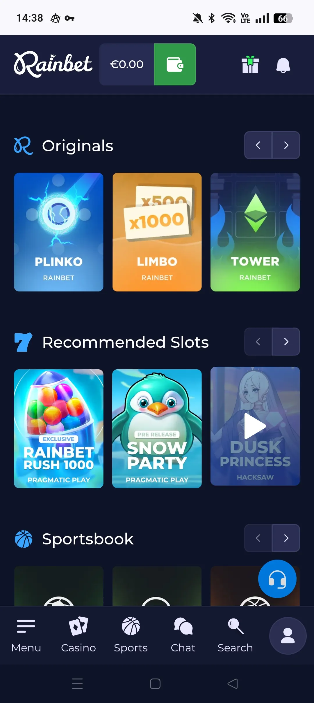 Rainbet mobile casino lobby screen