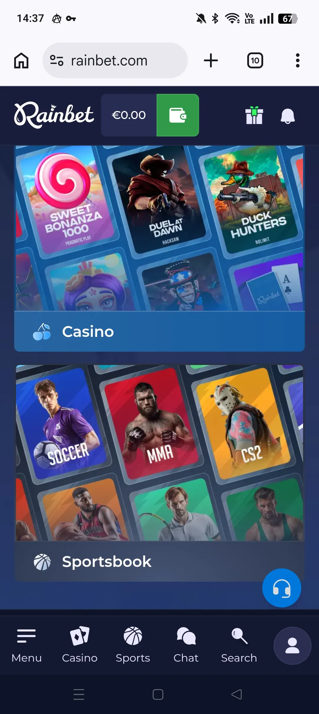 Rainbet mobile home screen
