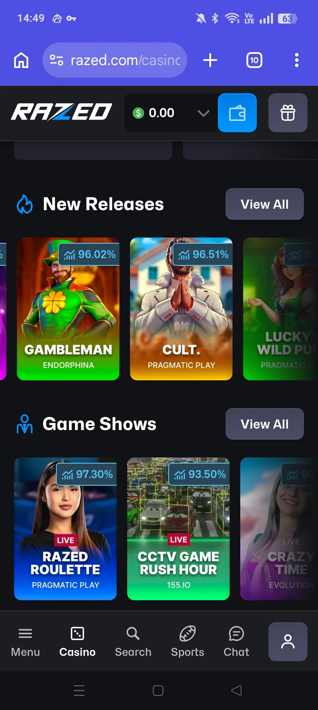 Razed mobile casino lobby screen