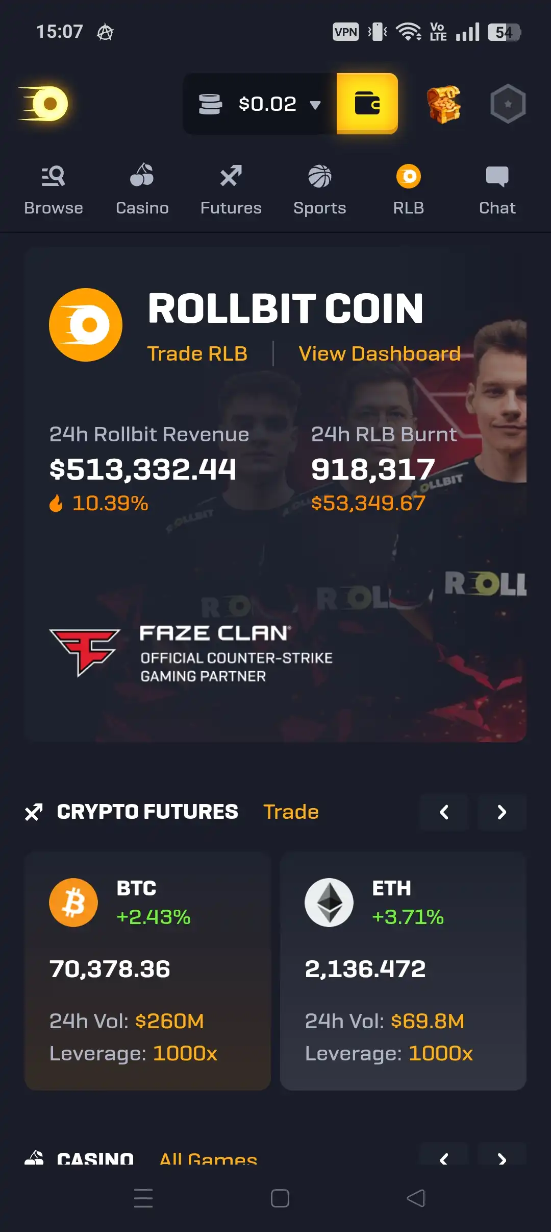 Rollbit mobile casino lobby screen