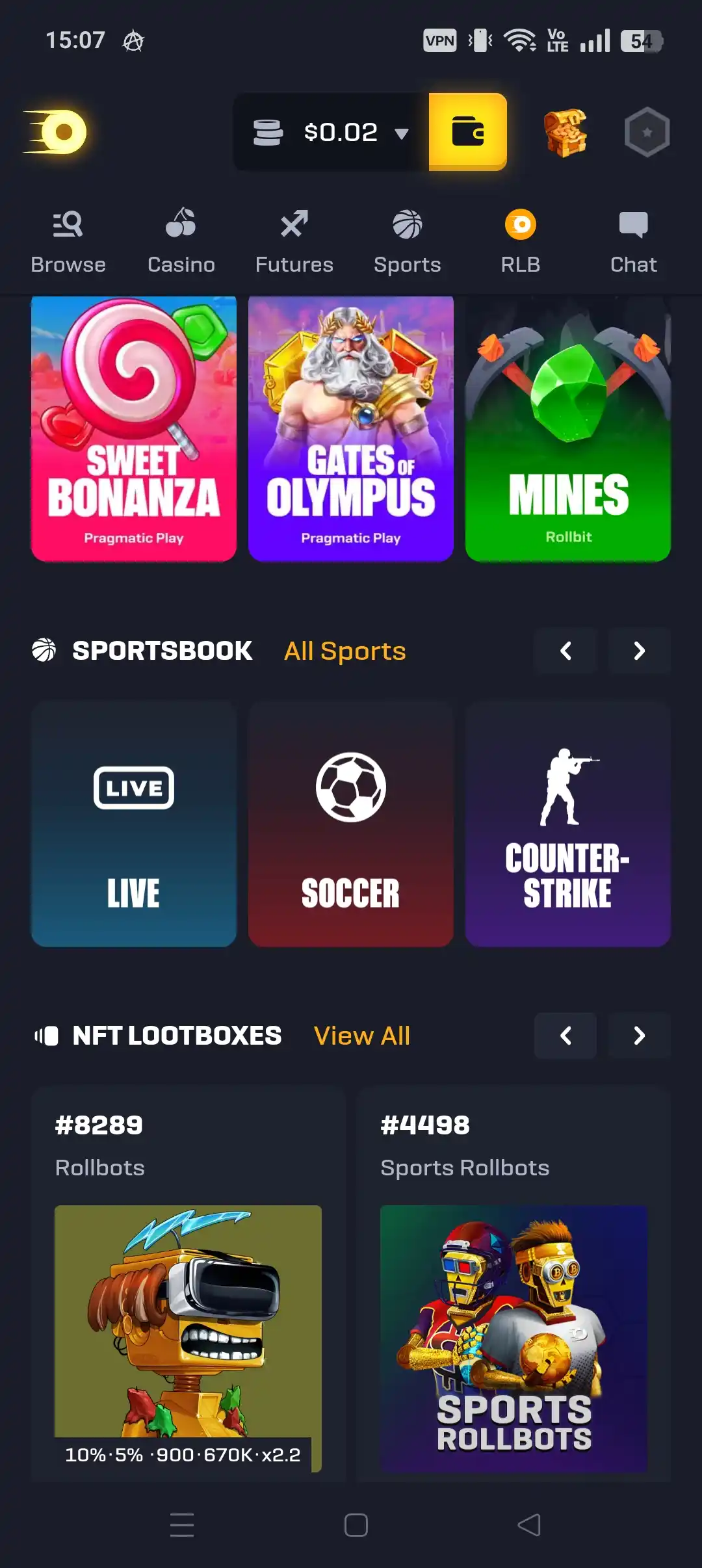 Rollbit mobile home screen
