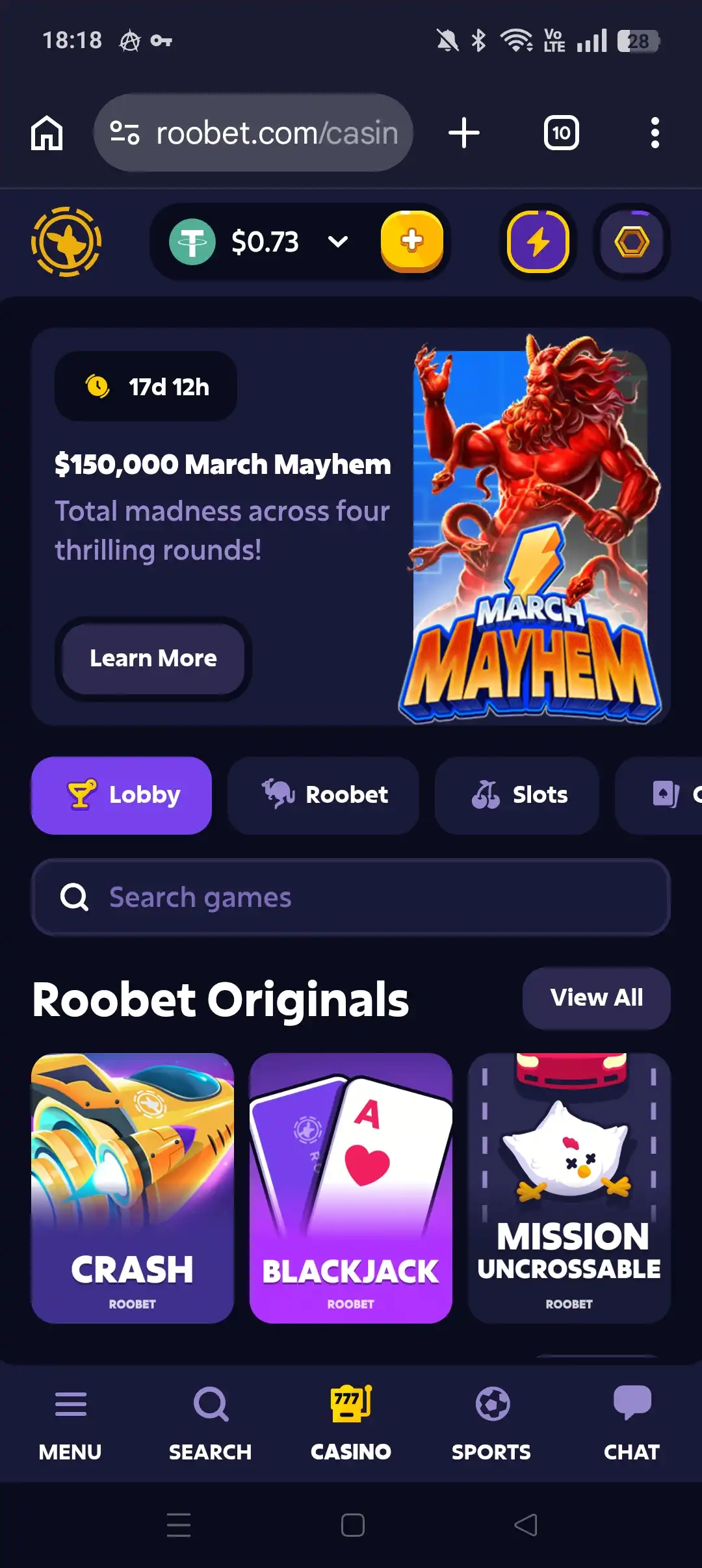 Roobet mobile casino lobby screen