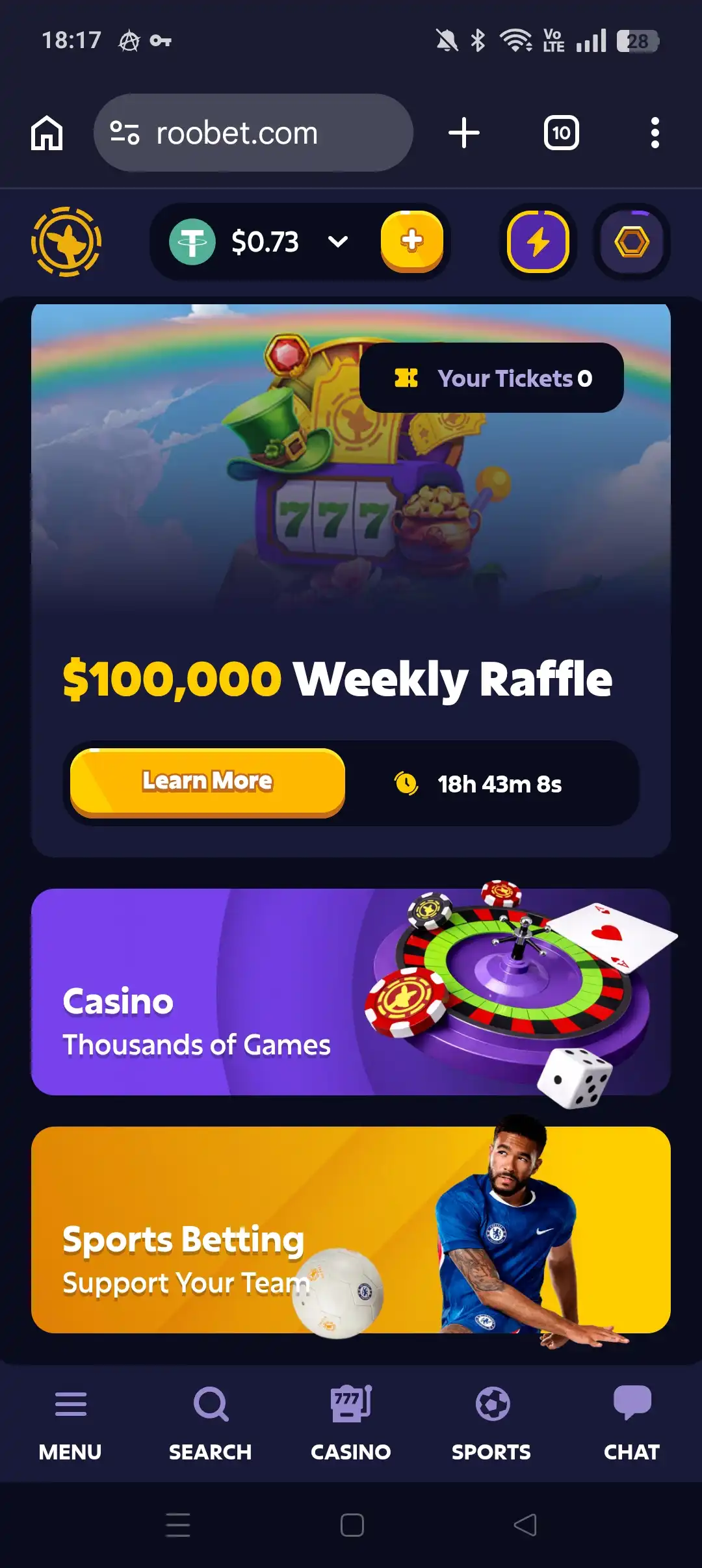 Roobet mobile home screen