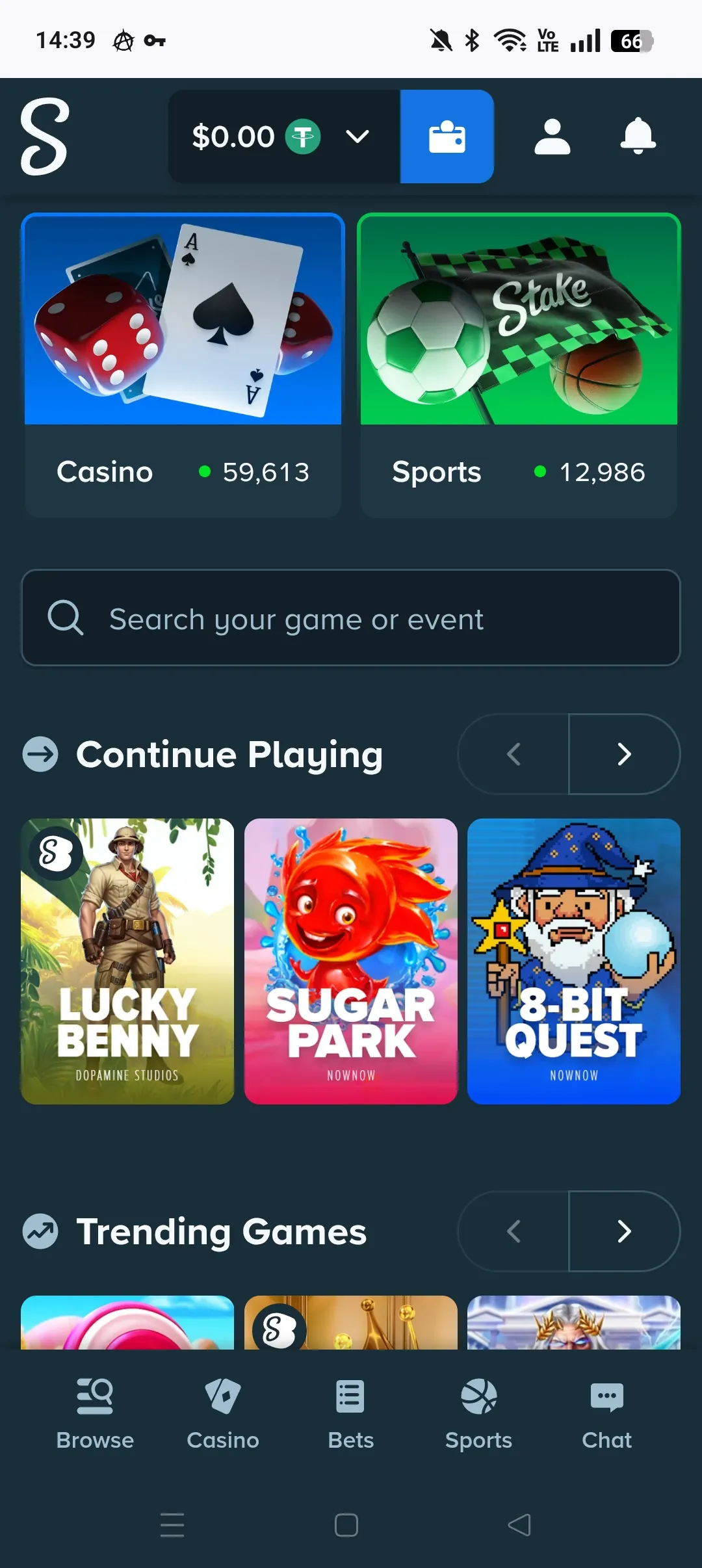 Stake mobile home screen
