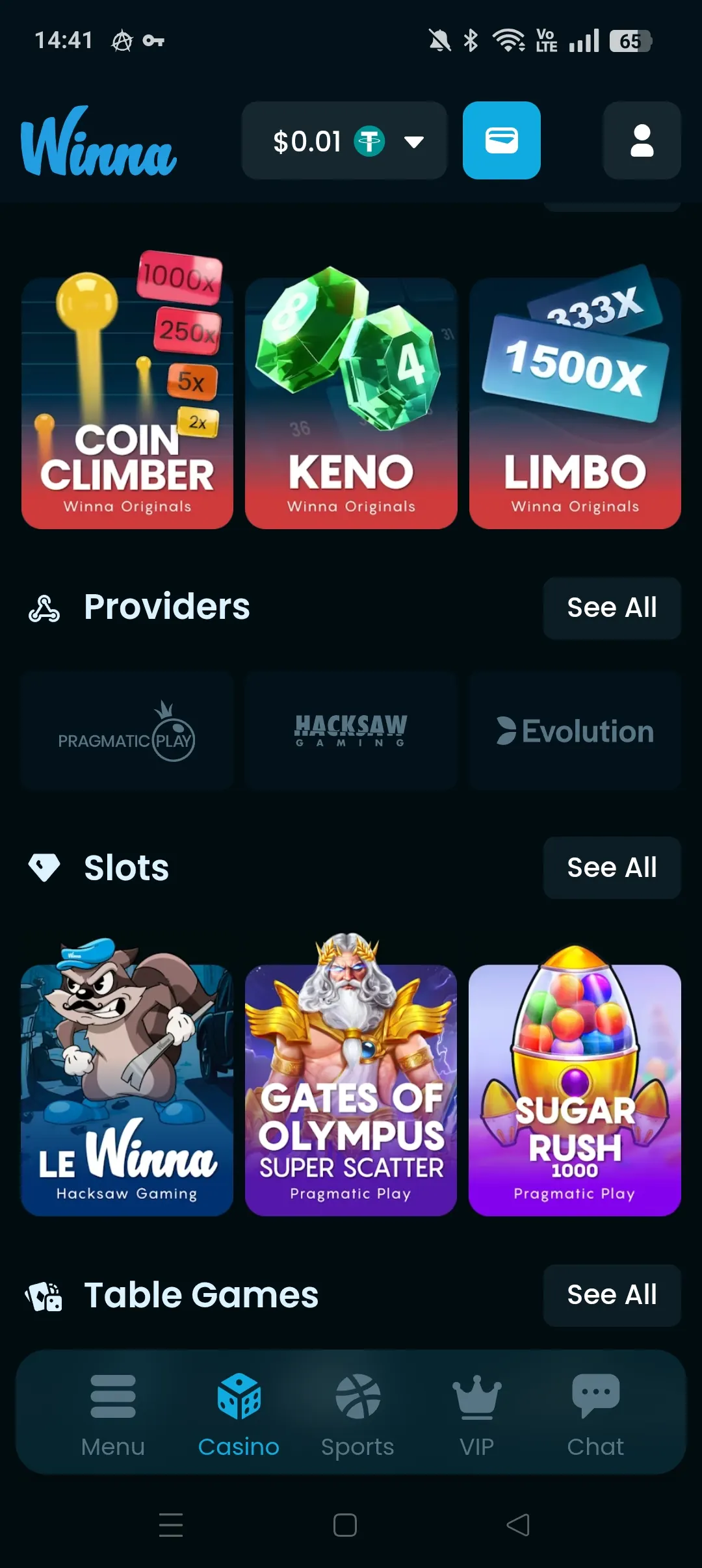 Winna mobile casino lobby screen